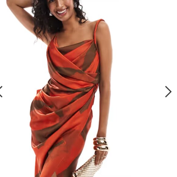 ASOS draped satin maxi dress with twisted strap detail in red abstract print - Picture 3 of 4